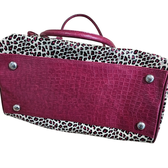 Guess Leopard Print Duffel Bag Burgundy Faux Croc Trim Bow Y2K Handbag Rare HTF - Picture 5 of 10